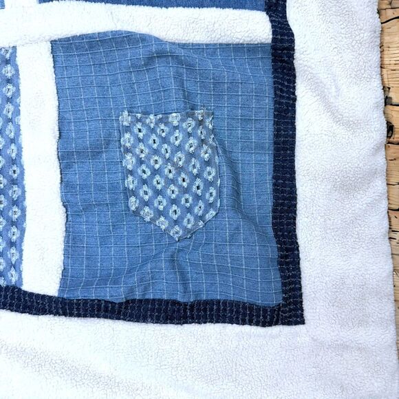 Handmade Upcycled Denim Patchwork Throw Blanket Quilt With Fleece Sherpa Trim - Picture 6 of 6
